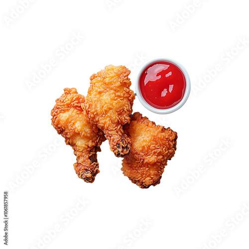 Crispy fried chicken pieces with ketchup on transparent background, ideal for snack or fast food themes photo