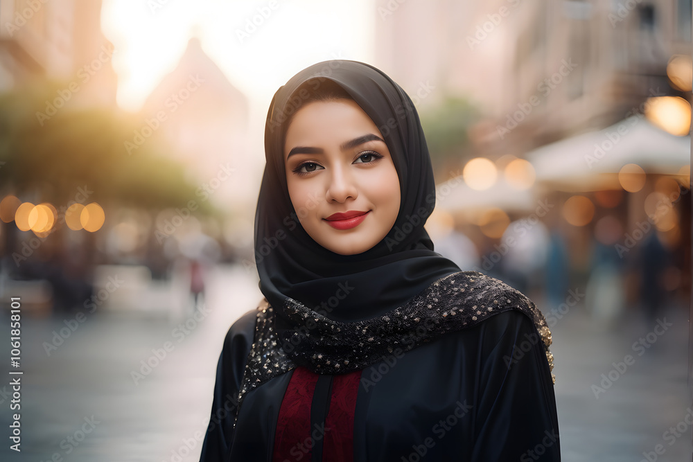 A woman wearing a black head scarf stands in front of a building A woman wearing a black head scarf stands in front of a building