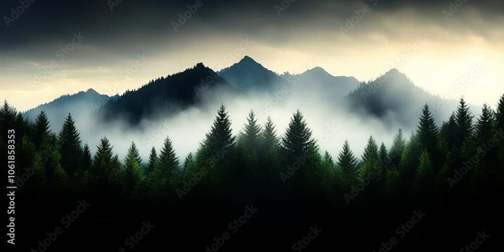Obraz premium A serene landscape featuring misty mountains shrouded in clouds, framed by dense trees, creating a mystical atmosphere.