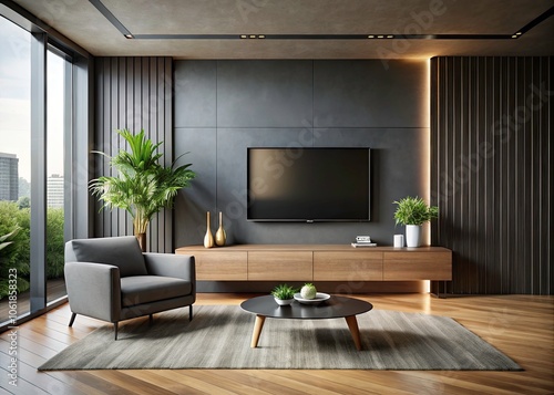 Sleek Black Wall Design with Modern Mockup Frame TV for Stylish Contemporary Interiors