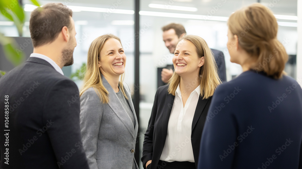 Group of business colleagues standing and talking in an office setting, fostering a collaborative and friendly environment. Group of business colleagues standing and talking in an office setting, fostering a collaborative and friendly environment.