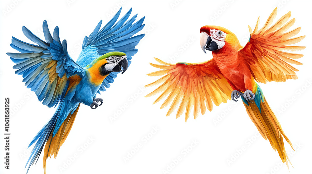 Obraz premium Set of colorful flying macaw parrot, isolated on white background 