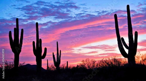 Fototapeta Naklejka Na Ścianę i Meble -  A stunning sunset over the Sonoran Desert featuring majestic saguaro cacti silhouetted against vibrant pink and purple skies