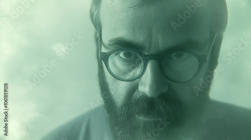 Mysterious bearded man with glasses in green tinted vintage portrait photo