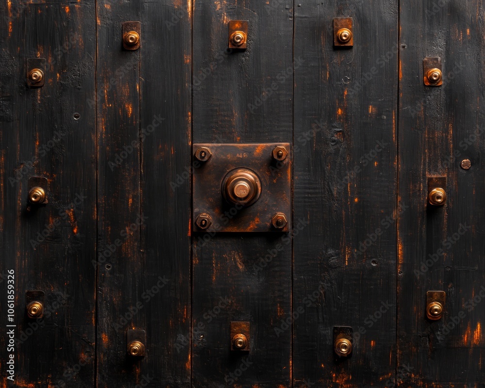 Fototapeta premium A rustic black wooden door with decorative metallic studs and a central fixture, showcasing a weathered texture.