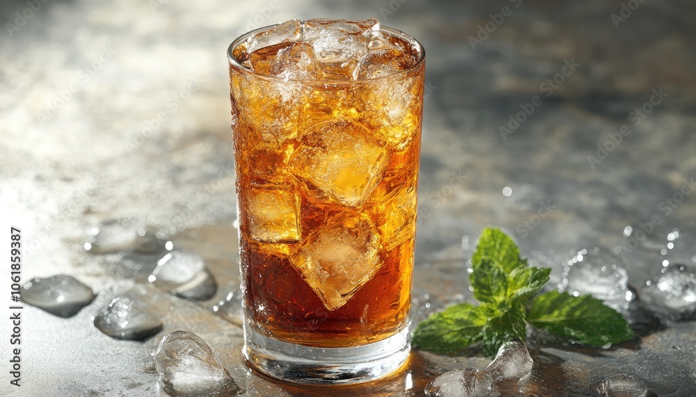 Iced brown beverage in a glass with ice cubes and a sprig of mint Iced brown beverage in a glass with ice cubes and a sprig of mint