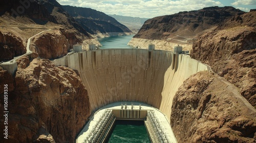 A breathtaking view of Hoover Dam showcasing its engineering marvel and the surrounding landscape under a clear sky photo