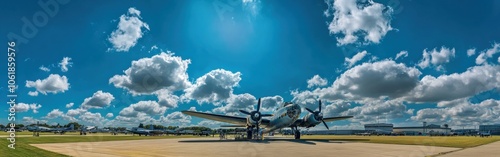 A clear blue sky with fluffy clouds above an air mobility exhibition featuring vintage aircraft at an airfield during daylight