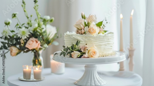 Cake, flowers, and candle on a white table