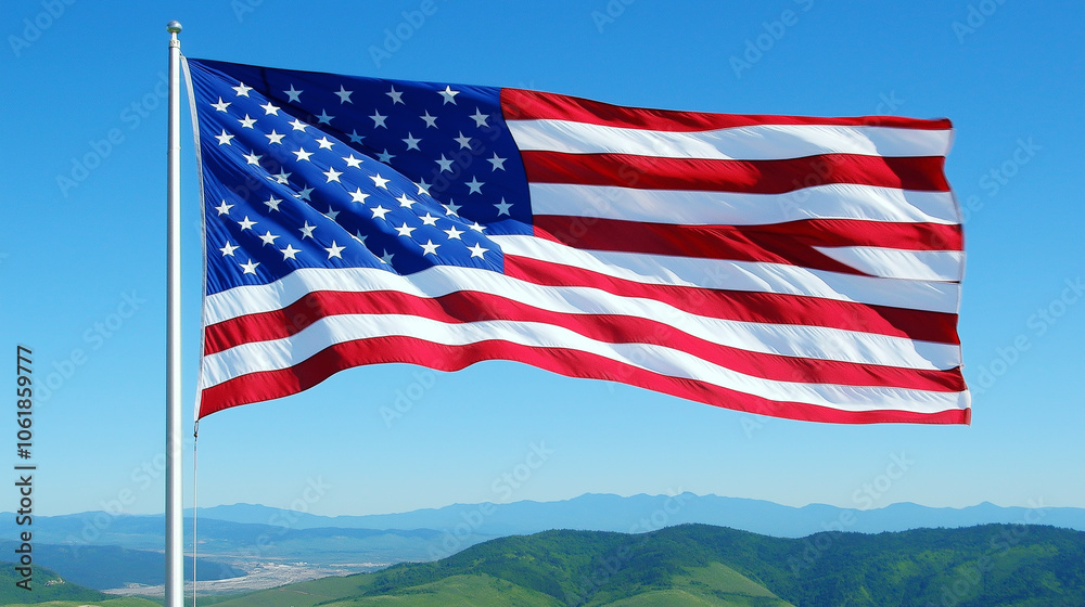 Fototapeta premium The American flag waving in the wind with a scenic mountain landscape under a clear blue sky.