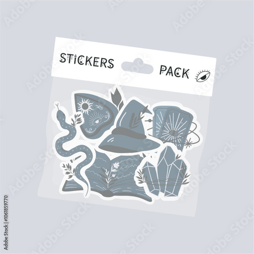 Sticker pack in plastic packaging. Set of witchcraft stickers. Witch hat, snake, magic book, crystal, tarot cards, ouija board. Halloween collection. Hand drawn vector illustration