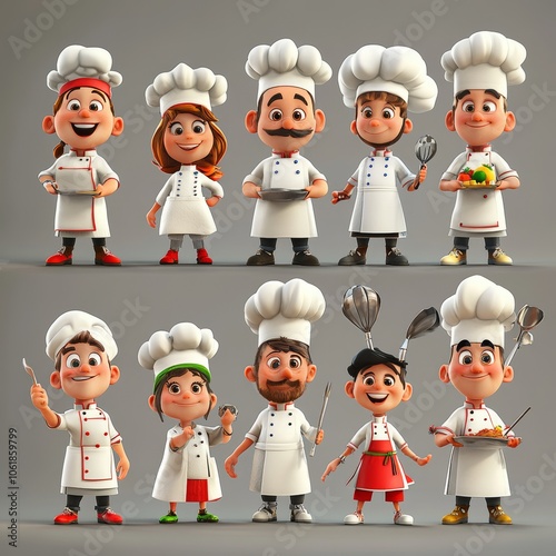 Cheerful Cartoon Chefs in Uniforms and Hats