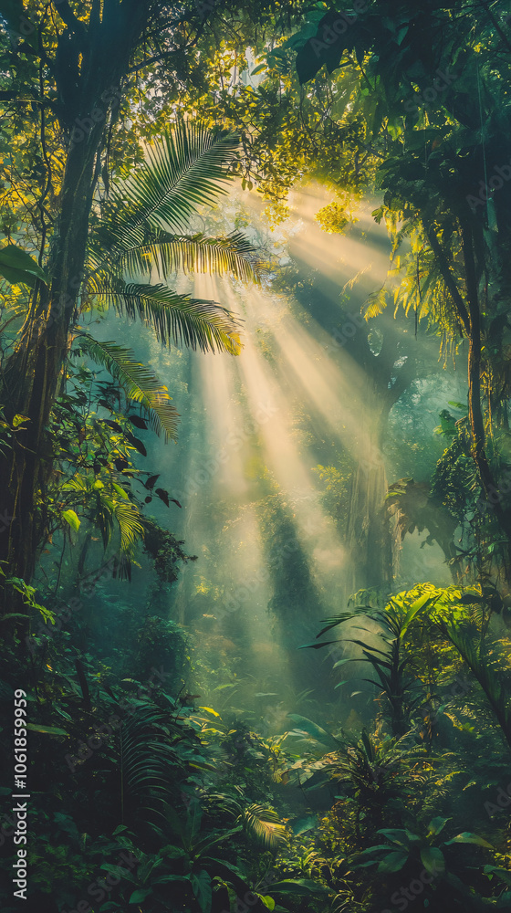 Obraz premium Golden sunlight filters through misty jungle canopy, illuminating lush greenery with vibrant sunbeams in a serene and tranquil scene. Misty fog adds exotic touch to stunning tropical view