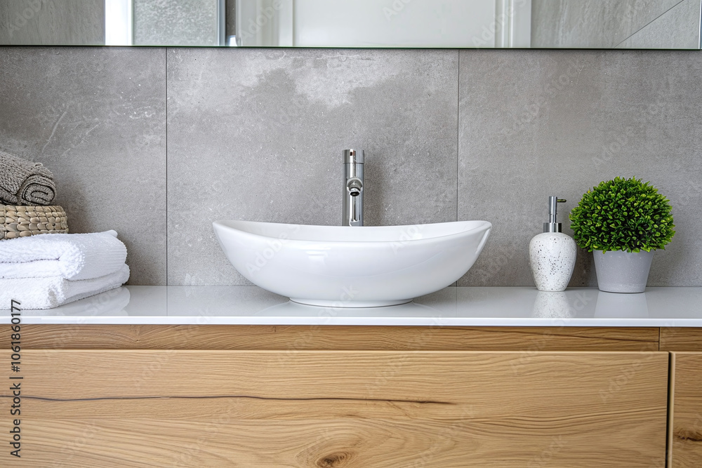 White ceramic sink. Minimalist interior design of modern bathroom. Container sits on a granite countertop. Wall mirrors, pendant lights hang from the terrazzo wall. White ceramic sink. Minimalist interior design of modern bathroom. Container sits on a granite countertop. Wall mirrors, pendant lights hang from the terrazzo wall.
