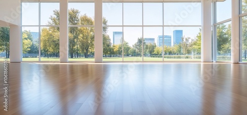 Empty room with large windows overlooking a city park.