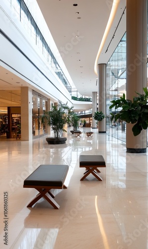 Empty modern shopping mall corridor with benches and plants.