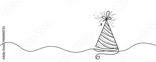 One line party hat. Happy birthday, vector illustration