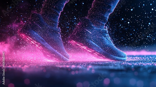 Trail of glowing dust following fastmoving feet, dynamic action, 3D illustration photo