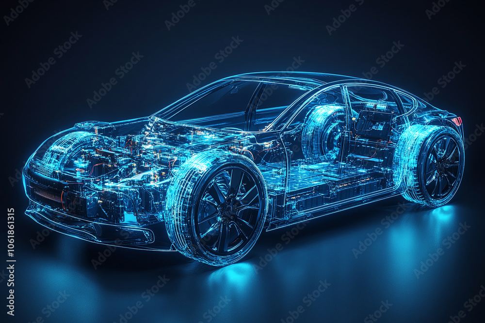 Naklejka premium Transparent visible battery and components blue wireframe of a modern electric car with lithium battery pack. 