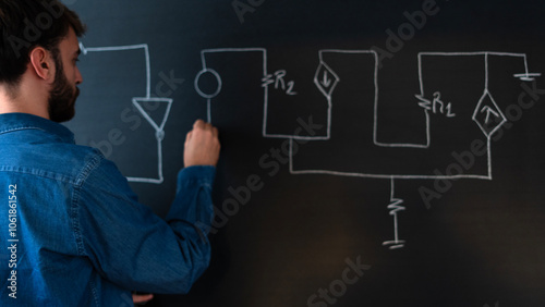 university student man at blackboard