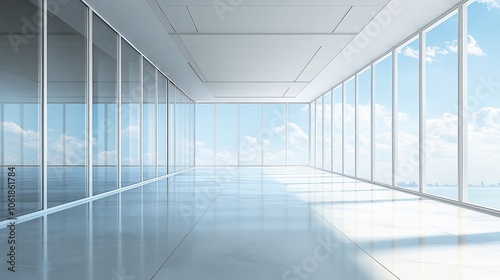 Modern empty office space with large windows and a view of the city.