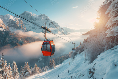 Ski lift in the winter mountain morning. A bright winter day showcases a modern ski lift moving gracefully above tall, snow-laden trees, surrounded by majestic mountains and a clear blue sky	