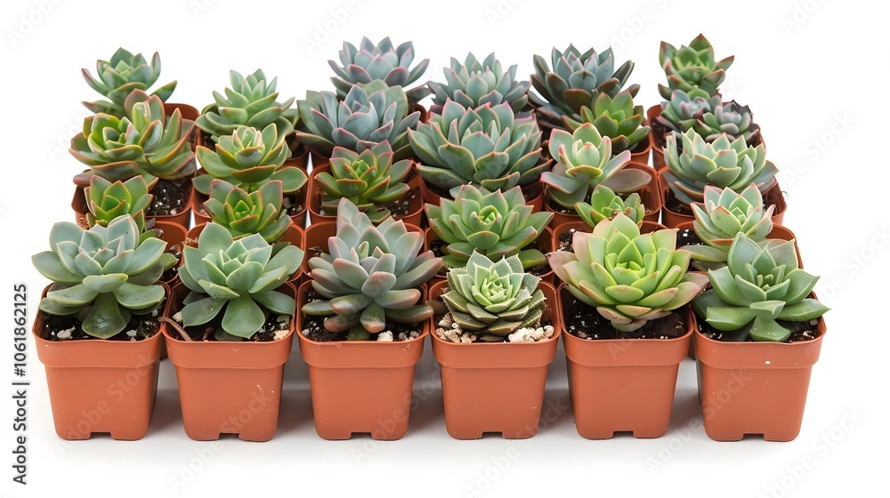 Fototapeta premium A collection of various succulents in terracotta pots arranged in a neat display.