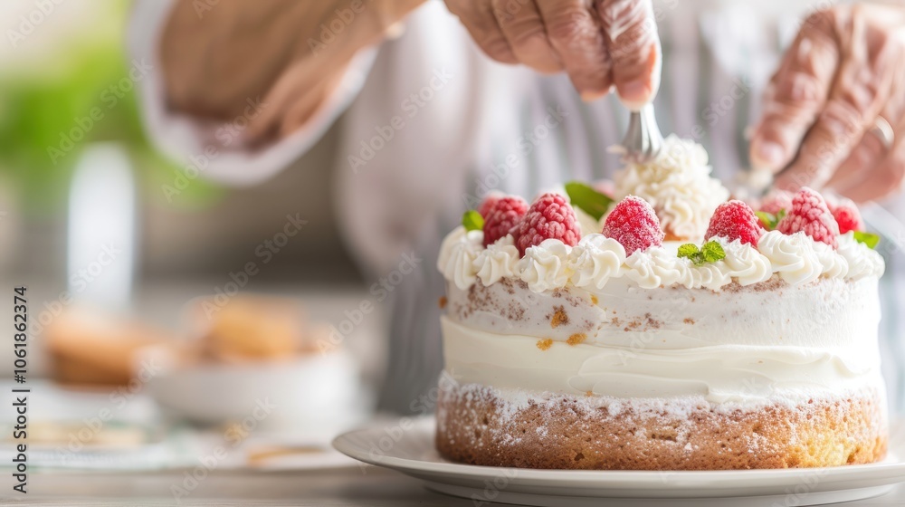 A person decorates a freshly baked cake with whipped cream and raspberries, showcasing a delightful dessert creation. A person decorates a freshly baked cake with whipped cream and raspberries, showcasing a delightful dessert creation.