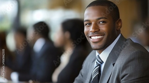 Confident businessman smiling at the camera during a meeting.