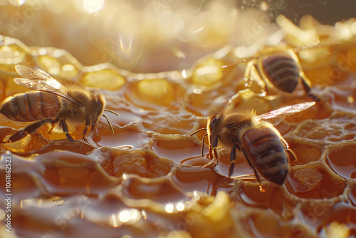 Close up view of the working bees on honeycells. Honeycomb with bees, showcasing their natural habitat and the intricate details of wax structure and bee activity.
 photo