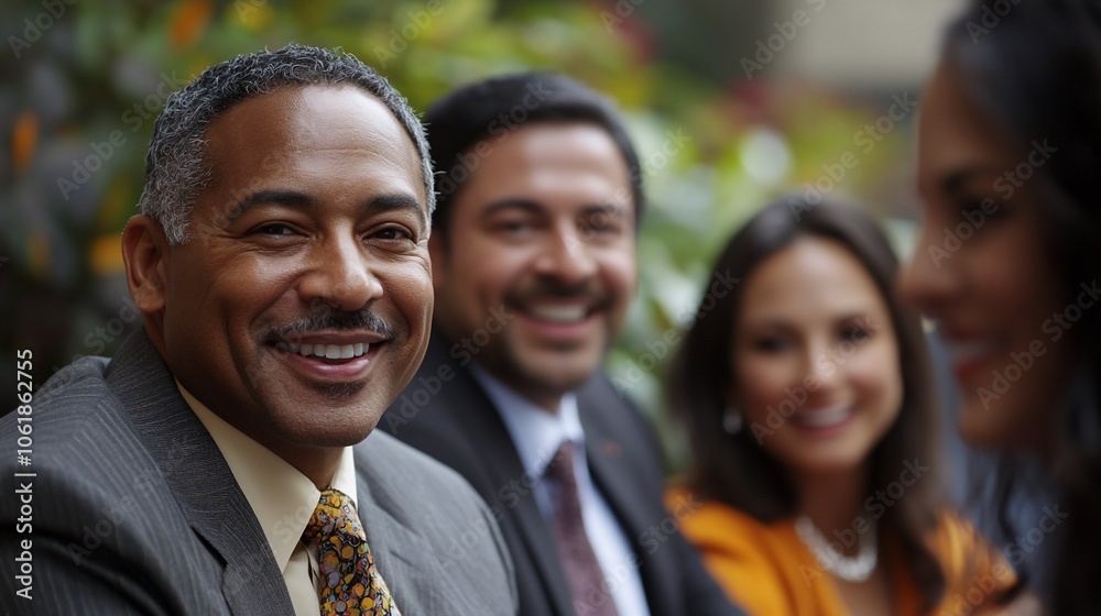 Diverse group of business professionals smiling and looking at the camera during a meeting. Diverse group of business professionals smiling and looking at the camera during a meeting.