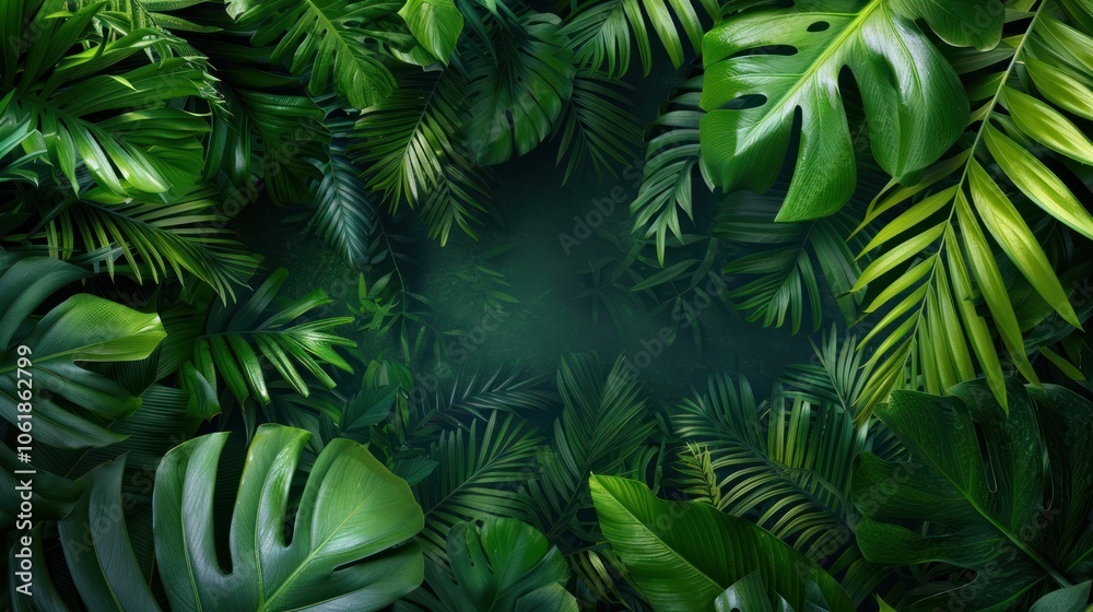 Lush green foliage fills the frame, creating a vibrant, tropical atmosphere with a sense of depth and tranquility. Lush green foliage fills the frame, creating a vibrant, tropical atmosphere with a sense of depth and tranquility.