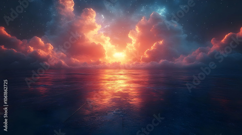 Dreamy Sunset Clouds with Stars Above the Sea Illustration