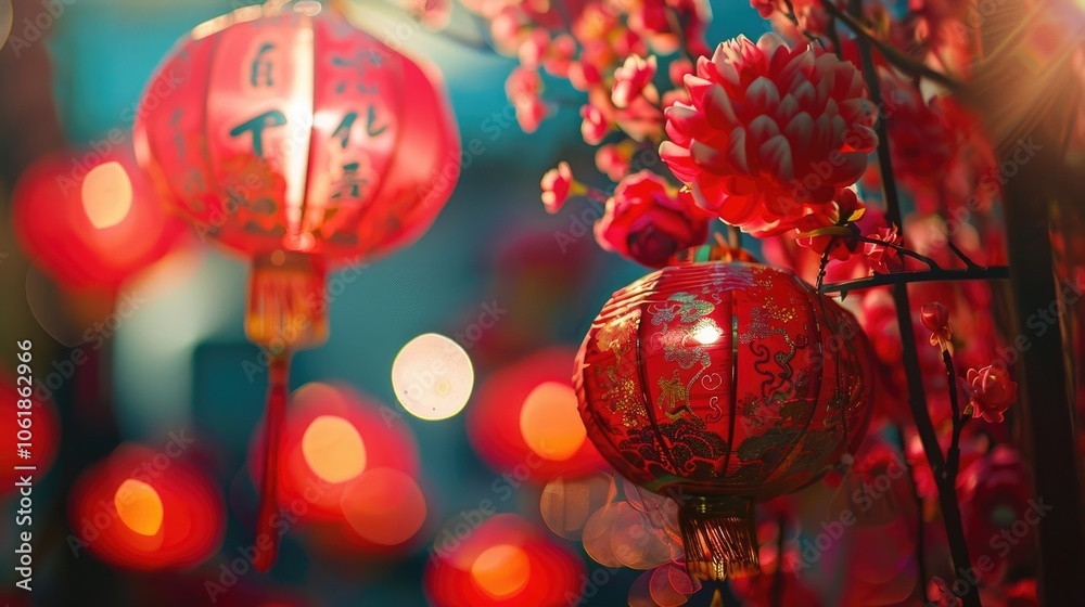 horizontal banner, Chinese New Year, Spring Festival, evening park, night, chinatown street decorated with garlands of glowing red paper lanterns, street fair, copy space, free space for text horizontal banner, Chinese New Year, Spring Festival, evening park, night, chinatown street decorated with garlands of glowing red paper lanterns, street fair, copy space, free space for text