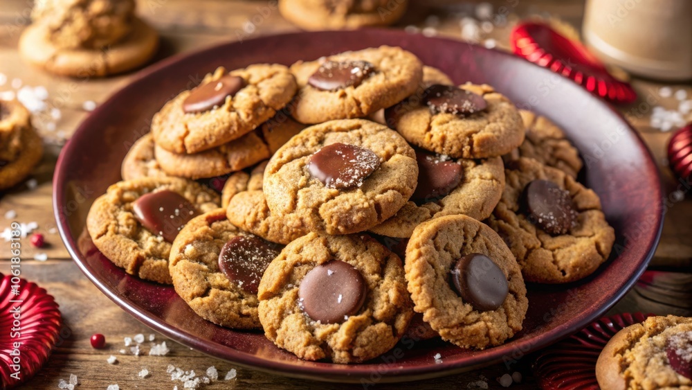A plate of homemade chocolate-topped peanut butter cookies, sprinkled with coarse salt, on a rustic wooden surface. A plate of homemade chocolate-topped peanut butter cookies, sprinkled with coarse salt, on a rustic wooden surface.