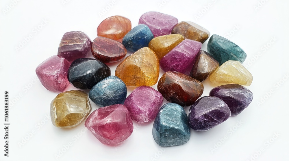 Assorted faceted spinel stones in vibrant hues, arranged beautifully on white background Assorted faceted spinel stones in vibrant hues, arranged beautifully on white background