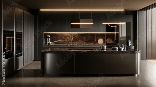 Premium kitchen design with dark cabinets, marble island, and stainless steel appliances. High-quality kitchenware and ambient lighting create a luxurious atmosphere