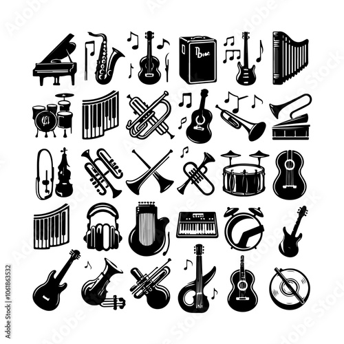 Music icons set silhouette vector. Musical equipment and instruments silhouette icons on a white background
