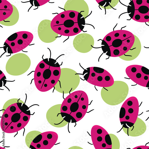 Fashion animal seamless pattern with colorful ladybird on white background. Cute holiday illustration with ladybags for baby. Design for invitation, poster, card, fabric, textile