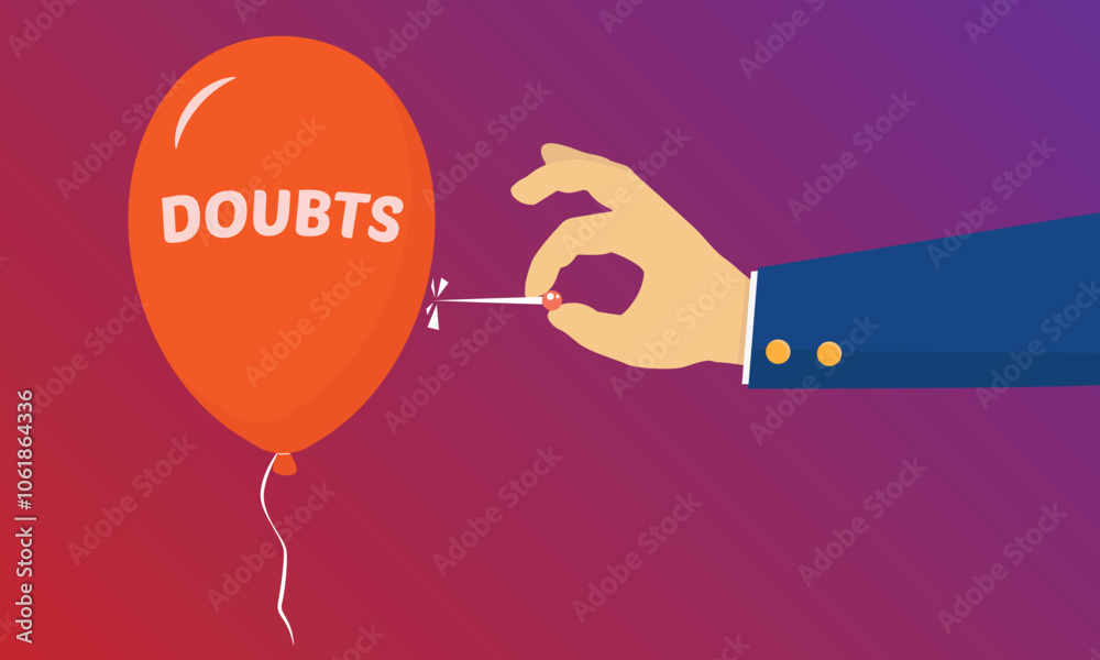 Hand about to pop a balloon with the word doubts on it. Hand pricking red balloon with a needle