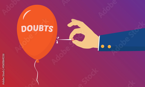 Hand about to pop a balloon with the word doubts on it. Hand pricking red balloon with a needle