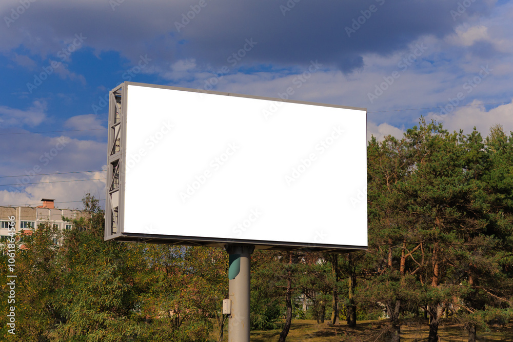 White billboard along the highway. Background for design and advertising. 