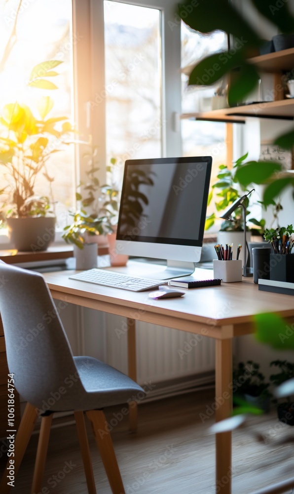 Modern home office workspace with a computer, plants, and natural light. Modern home office workspace with a computer, plants, and natural light.