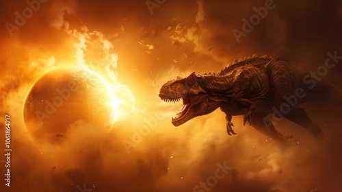 A dramatic scene featuring a dinosaur roaring against a fiery sunset with a partially obscured sun, surrounded by swirling clouds.