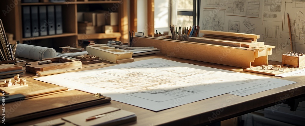 A wooden table with a blueprint spread out on it, surrounded by pencils, rulers, and other tools. A wooden table with a blueprint spread out on it, surrounded by pencils, rulers, and other tools.