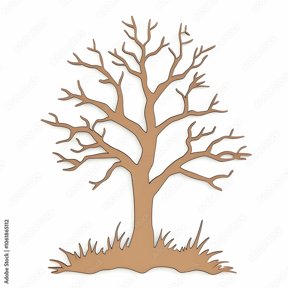 Silhouette of a bare tree with grass, outline, deciduous, branches, trunk, roots Silhouette of a bare tree with grass, outline, deciduous, branches, trunk, roots