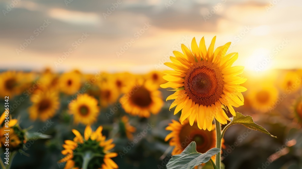 Obraz premium A vibrant sunflower stands tall in a sunlit field, surrounded by blooming flowers under a golden sky, evoking feelings of warmth and cheer.