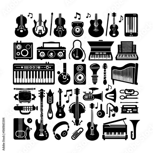 Music icons set silhouette vector. Musical equipment and instruments silhouette icons on a white background
