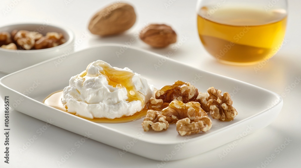 Yogurt with honey and walnuts on a white plate