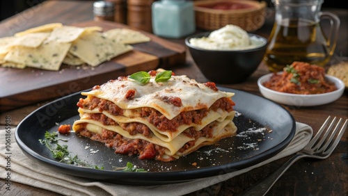 Traditional Lasagna on Black Plate - Delicious Italian Comfort Food, Homemade Lasagna, Pasta Dish, Culinary Delight, Restaurant Style, Authentic Flavor